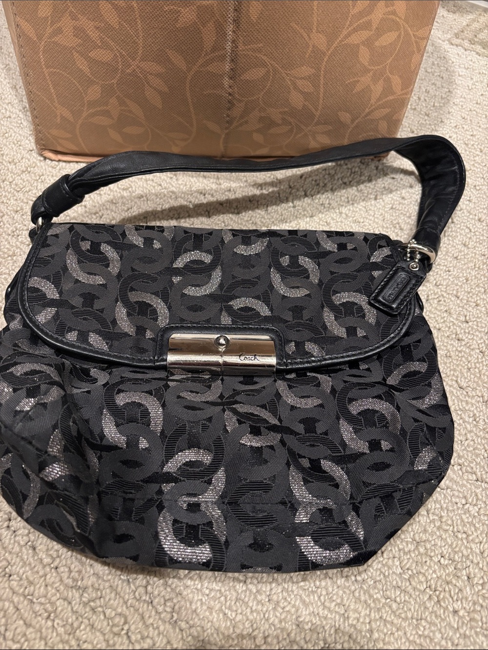 Coach Black and Silver Signature Jacquard Shoulder Bag